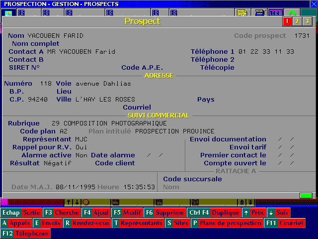 Exemple d'écran du logiciel ICIM Prospection pour DOS