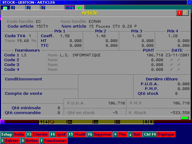 Exemple d'écran du logiciel ICIM Stock pour DOS