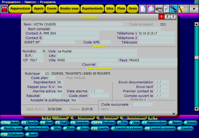 Exemple d'écran du logiciel ICIM Prospection pour Windows